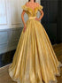 A Line Gold Off the Shoulder Sequins Pleats Prom Dresses LBQ4049